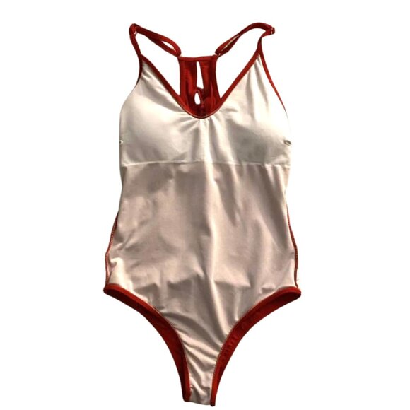 Red One-Piece Swimsuit Cheeky Cut Lace-Up Back Adjustable Straps Removable Cups - Picture 5 of 9